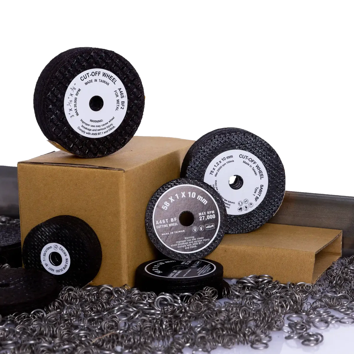 Kenlon cut-off wheels on cardboard boxes