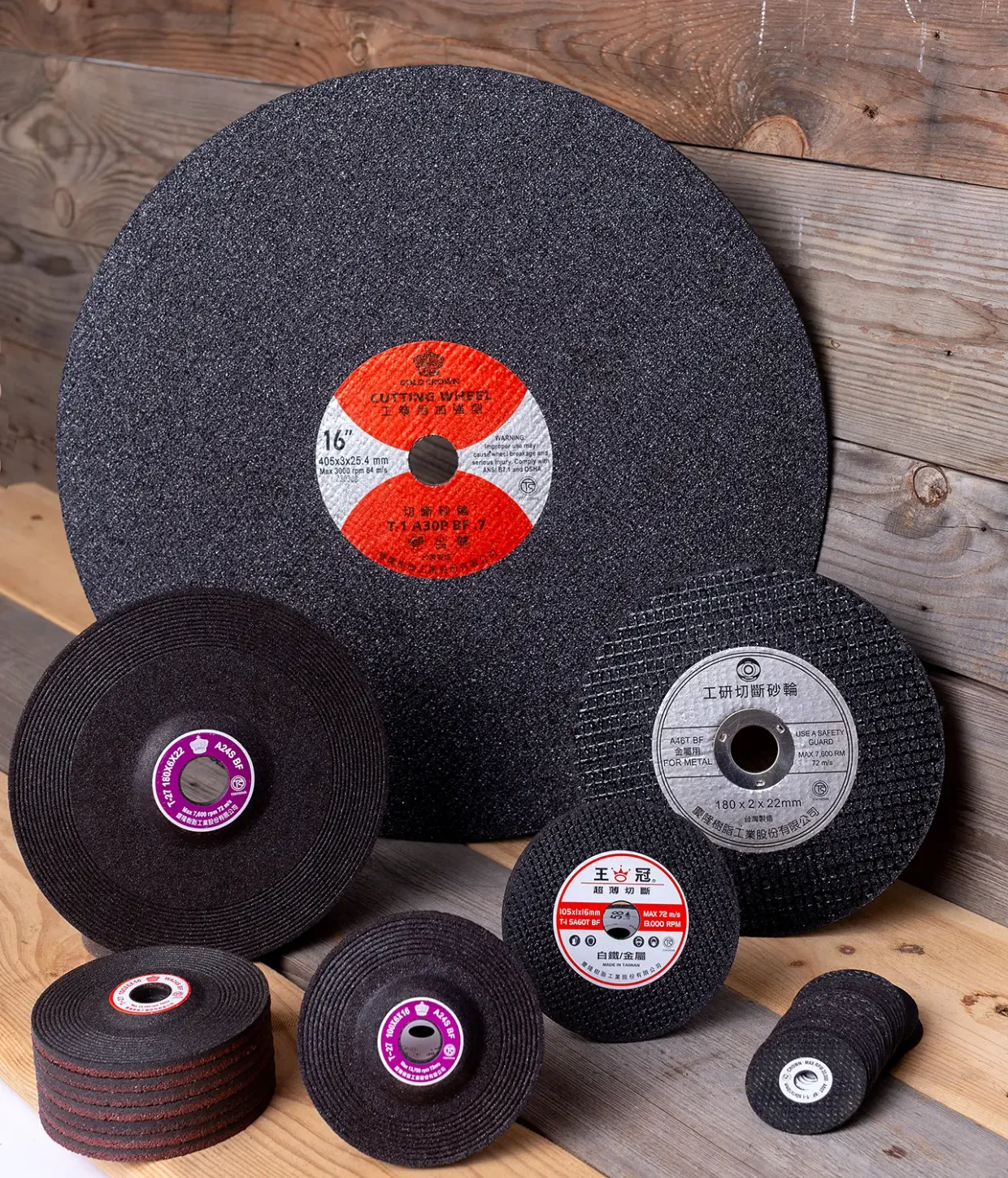 Kenlon cut-off and grinding wheels on a wooden table